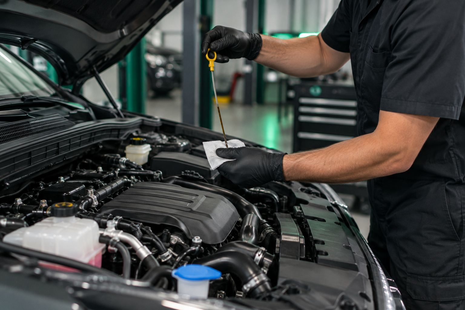 Technician checking engine fluids during routine vehicle maintenance